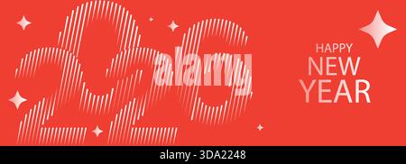 Ein leuchtendes rotes Happy New Year 2026-Banner mit moderner Line-Art-Typografie, leuchtenden dekorativen Sternen und einem festlichen minimalen Stil, der perfekt für den Urlaub ist Stock Vektor