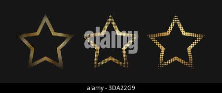 Set aus goldenen Sternrahmen mit Halbtonrändern. Sternenklare Goldformen mit gepunkteter, lauter oder körniger Textur, isoliert auf schwarzem Hintergrund. Luxuriöse dekorative Designelemente. Vektorabbildung. Stock Vektor