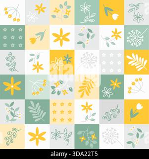 Frühlingsmosaik mit farbenfrohen karierten Mustern aus Kritzelblüten, Sonnenblumen, Löwenzahn und Blättern in gelben, grünen, grauen und weißen Farben Stock Vektor