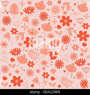 Vektormuster mit Frühlingsmotiven mit Herzen, Tulpen und geometrischen Blumenelementen in Rosa – romantisches und elegantes Design für Stoffe und Umhüllungen Stock Vektor