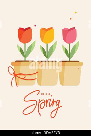 Drei rote, gelbe und rosafarbene Tulpen in Töpfen mit einem roten Band und dem Text „Hallo Frühling“ unten. Fröhliche saisonale flache Vektor-Illustration für den Frühling Stock Vektor