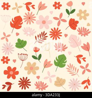 Nahtloses Vektor-Frühlingsmuster mit bunten Blättern, Herzen, Tulpen und lebhaften vereinfachten Blumenelementen in Pink, Rot, Grün, Orange und Taupe Stock Vektor
