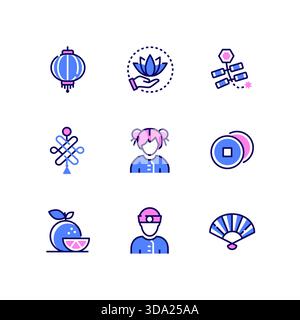 Chinesisches Neujahr – farbenfrohe Symbole im Liniendesign Stock Vektor