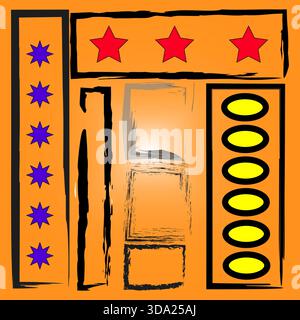 Abstrakter Pinselrahmen. Roter Stern Vektor. Gelbes ovales Element. Orangefarbenes Hintergrunddetail. Stock Vektor