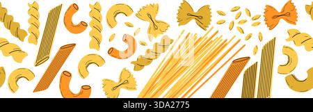 Nahtloses Banner für Pasta. Verschiedene Nudelsorten. Hintergrund mit verschiedenen Nudeln. Farfalle, Penne, Spaghetti, Makkaroni, Orzo und Fusilli. Italienische Küche Stock Vektor