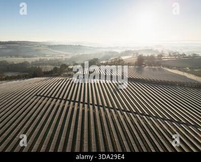 Solarfarm. Wintermorgen. Monmouthshire, Wales, Vereinigtes Königreich. Stockfoto