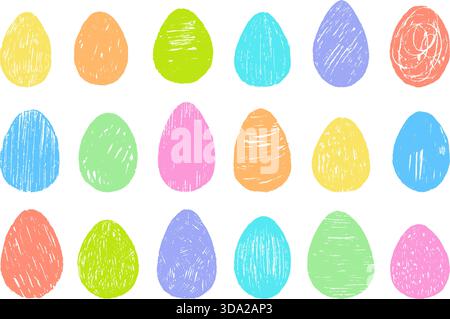 Buntstift zeichnet ostereier. Ei mit Kreidestruktur für festliche Frühlingsfesttage. Isolierte kritzelnde bunte Runden, zerkratzt, grunge, neoterischer Vektor Stock Vektor