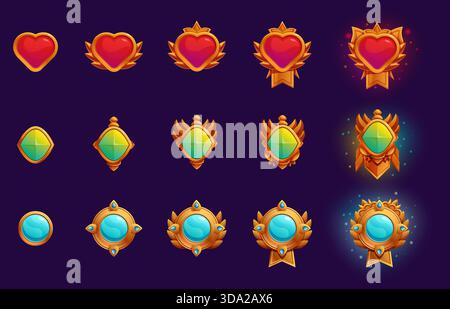 Amulette auf Spielniveau. Rang-Elemente, Amulett mit Edelstein in goldenen Rahmen. Dekorativer Schmuck, Charakterausgleichs-, Fortschritts- oder Bewertungssymbole Stock Vektor