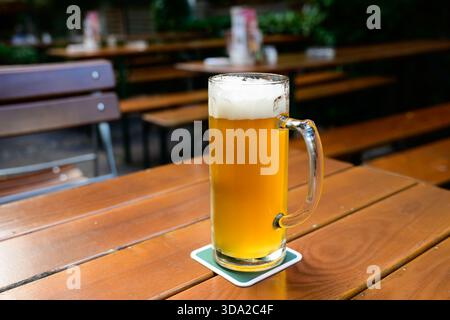 Bierkrug mit einem halben Liter oder einem Pint Pils in einem deutschen Biergarten Stockfoto