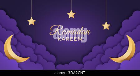 Ramadan Kareem Vektorbanner mit goldenen Halbmond, hängenden Sternen und Nachthimmel Wolken im Papierschnitt Stil Stock Vektor