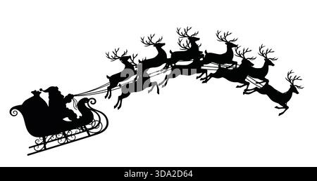 Santa Claus Schlitten und Acht Rentier Silhouette isoliert auf White Vector Stock Vektor