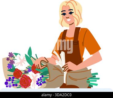 Blumengeschäft der Frau, die frische Blumenbouquets für Kunden einwickelt Stock Vektor