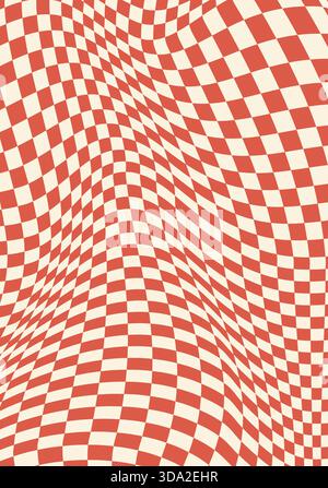 Vintage psychedelische rote karierte Wellenmuster oder Textur. Trippy grooviger Hintergrund, wellige Linie Hippie Vektor Muster. Verzerrter Spiraldruck oder psychedelischer Y2K-Hintergrund Stock Vektor