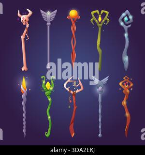 Magic Stick. Hölzerne Zauberer-Zeug im Cartoon-Stil exakte Vektor-Magier-Konzept-Illustrationen Stock Vektor