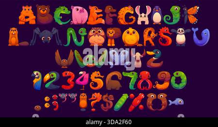 Kinder Tier Alphabet, lustige Zoo Maskottchen Schriftart, Kinder englisch Schriftart, nette Buchstaben Zeichen Typ Vektor Typografie. Zeichentrick afrikanische Safari und Wassertiere, Fische, Vögel und Dinosaurier Fontset Stock Vektor