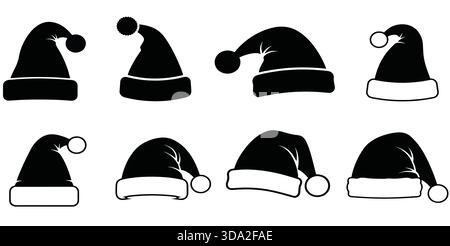 Set mit acht schwarzen Weihnachtsmannmützen und Symbolen für Weihnachtsdesign Stock Vektor
