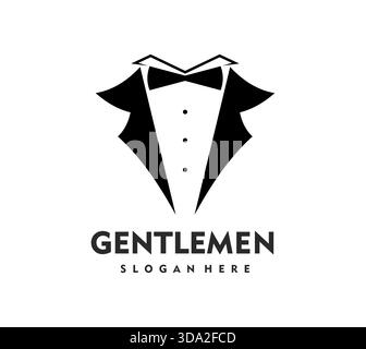 Tuxedo Ikone, Gentleman Anzug Atelier Emblem. Mann Smoking Luxus Atelier Vektorabzeichen, Bräutigam Anzug Shop Symbol. Mode-Ikone, Gentleman Club- oder Bekleidungsemblem Stock Vektor