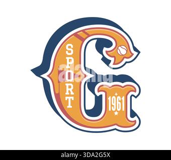 Varsity Sport Patch Label von Buchstabe G Schriftart und Baseballball für Universitätsmannschaft, Vektor-Emblem. College League oder Varsity Sport champs Patch mit Buchstabe G für Baseballspieler-T-Shirt-Etikett Stock Vektor