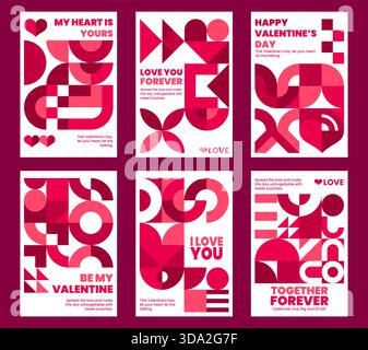 Happy Valentine's Day Poster mit rosafarbenem Bauhaus-Muster. St. Valentine Event Bauhaus Vektorplakate, Love Holiday Banner mit roten und rosa geometrischen abstrakten Formen, Herzen und Typografie Stock Vektor