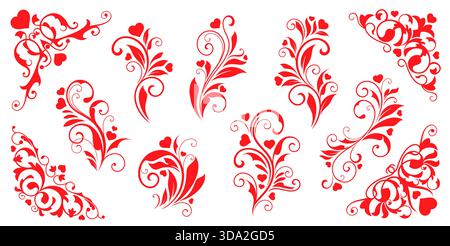 Valentinstag Herzen blühen Dekorationen mit Blumen Blumenmuster, Vektor rote Ornamente. Valentinstag Liebe Urlaub oder Hochzeit blühende Dekoration mit roten Herzen, Blättern und kunstvollen Ranken Stock Vektor