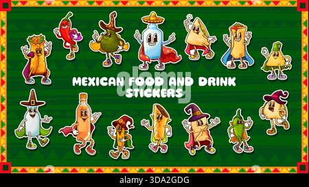 Groovige mexikanische Küche mit Aufklebern. Mexikanische Küche Tex Mex Food Personage groovige Vektoraufkleber mit Burrito, Taco, Enchiladas und Nacho, Tequila Flasche, Chili und Avocado Zeichen Stock Vektor