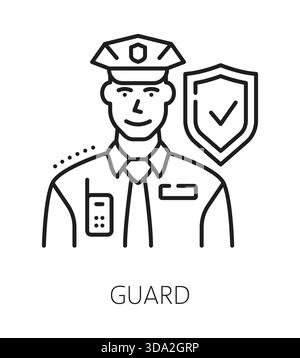Symbol oder Symbol der Sicherheitslinie des Schutzdienstes Zuhause. Gebäudeschutz-Umrissvektor-Piktogramm, Haussicherheits-Firmenzeichen. Symbol für die Sicherheit von Gebäuden oder Symbol für die Hausalarmlinie mit Polizeizeichen Stock Vektor