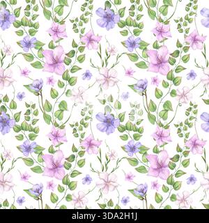 Rosa und blaue Bindweed Blumen mit sich kräuselnden grünen Blattzweigen nahtloses Aquarellmuster auf isoliertem Hintergrund. Frühlingsblumen verziert Stockfoto