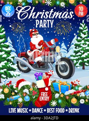 Flyer für die Weihnachtsfeiertage, in dem der Weihnachtsmann auf einem Motorrad durch den verschneiten Wald mit Feuerwerk, festlichen Girlanden, Geschenken und Socken unterwegs ist. Vektor-Einladung zur Feiertagsfeier Stock Vektor