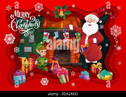 Lustiger Weihnachtsmann und Elf auf fröhlicher Weihnachtskarte. Comic 3D Vektor Weihnachtsfiguren stehen an einem gemauerten Kamin mit Strümpfen, Kiefernzweigen, stechpalme, Kerzen und Geschenken Stock Vektor