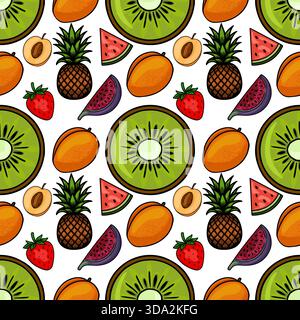 Ein lebhaftes, nahtloses Vektormuster mit einer herrlichen Anordnung von tropischen und gewöhnlichen Früchten, einschließlich Ananas, geschnittene Kiwis, Mangos und Stra Stock Vektor