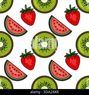 Nahtloses Vektormuster mit lebendigen, stilisierten Scheiben von Wassermelone und Kiwi, durchsetzt mit ganzen Erdbeeren, auf einem sauberen weißen Hintergrund. Stock Vektor