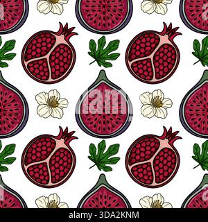 Nahtloses Vektormuster mit leuchtenden halbierten Granatäpfeln und Feigen mit zarten weißen Blüten und grünen Blättern auf einem knusprigen weißen Hintergrund. Stock Vektor