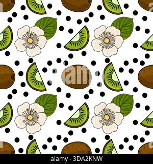 Nahtloses Vektormuster mit Reifen Kiwis, frischen grünen Scheiben, zarten weißen Blüten und verstreuten schwarzen Polka Dots. Stock Vektor