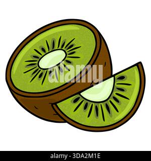 Eine lebendige Vektor-Illustration einer halben Kiwi-Frucht und einer Scheibe, die ihr saftiges grünes Fruchtfleisch mit schwarzen Samen und strukturierter brauner Haut zeigt. Stock Vektor