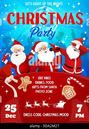 Weihnachtsfeierflyer mit Weihnachtsmann tanzen auf der Tanzfläche für Winterferien, Vektorbanner. Weihnachtsfeier-Flyer für Feierlichkeiten mit Live-Musik und Unterhaltung mit fröhlichen Weihnachtsgeschenken und Weihnachtsgeschenken Stock Vektor