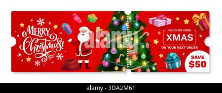 Gutschein für Weihnachtsangebot mit Weihnachtsmann-Charakter, Weihnachtsbaum und Text für frohe Weihnachten. Vektor-Gutschein mit Rabattdesign mit goldenen Sternen und Weihnachtsdekorationen. Saisonale Verkaufszahlen Stock Vektor