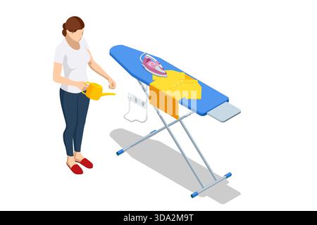 Isometrische Illustration einer Frau, die neben einem Bügelbrett steht, auf dem ein Hemd und ein elektrisches Bügeleisen stehen. Haushalts-Szene zeigt Haushalts-Szene Stock Vektor