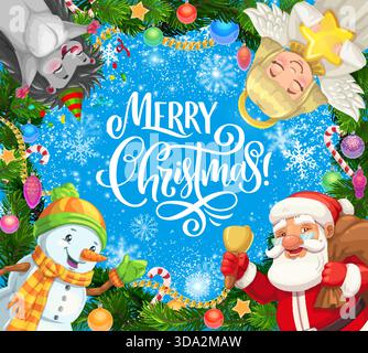 Frohe Weihnachtsgrußkarte mit Weihnachtsfiguren. Festliches Banner mit lächelndem Schneemann, Weihnachtsmann mit Glocke, süßer Winterengel und Igel. Kiefernäste, Ornamente und Schneeflocken Stock Vektor