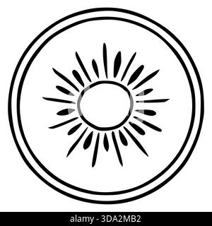 Minimalistische Vektor-Illustration eines Sonnenausbruchs innerhalb eines doppellinigen Kreises, der eine stilisierte Kiwi-Scheibe darstellt. Stock Vektor