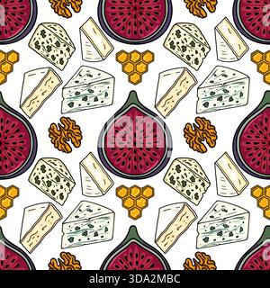 Ein entzückendes Vektormuster mit einem nahtlosen Arrangement aus Gourmet-Käsekeilen, Reifen Feigen, knusprigen Walnüssen und goldenen Waben, perfekt für Stock Vektor