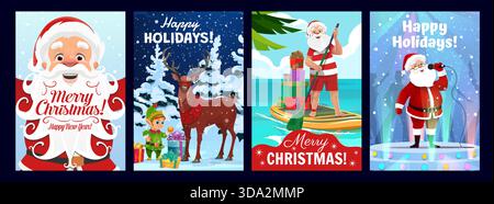 Weihnachtsposter und Grußkarten mit fröhlichen Weihnachtsmannsfiguren, Elfen und Rentieren in festlichen Winterszenen, tropischen Abenteuern und musikalischen Bühnenvorstellungen. Vektor-Weihnachtskarten Stock Vektor