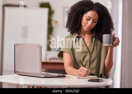 Eine Konzentrierte Frau Arbeitet Am Home Desk, Schreibt Notizen, Trinkt Kaffee Am Morgen Der Arbeit Stockfoto