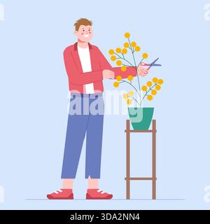 Glücklicher Mann erntet Gewinne aus Busch. Investitionen, Dividenden und Goldmünzen auf Topfpflanzen. Junger erfolgreicher Investor, Vektorflacher Charakter Stock Vektor