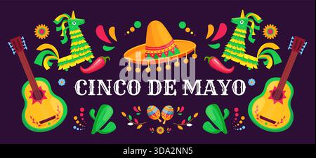 Cinco de Mayo-Banner. Mexikanisches Festival helles Poster mit Pinatas, Sombrero-Hut, Paprika, Gitarren. Dekoratives fiesta-Feiertagsdesign, heute Vektor Stock Vektor