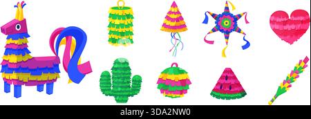 Cartoon Pinatas. Mexikanisches buntes Pinata-Herz, Lama, Stern, Wassermelonenscheibe. Farbenfrohe Festdekoration für Geburtstag oder Party mit Konfetti im Inneren Stock Vektor