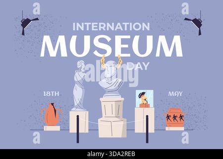 Museumstag. Galerieausstellung internationaler Tag 18 Mai, historische Ausstellungen Museumssaal zeitgenössische antike Kunst griechische Statue römische Skulptur Kunstwerke Atelier Vektorillustration Original Kunstwerke Stock Vektor