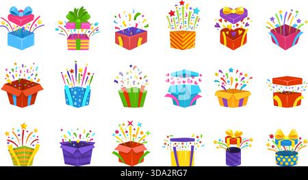 Cartoon Geschenkschachtel Konfetti. Geschenkbox Explosion, angenehme Überraschung offenes Geschenk Unbox Verkauf Konzept Feiertagskästen Kasten Geburtstag weihnachtsverpackung, Geschenke Set Kicky Vektor Illustration Original Kunstwerk Stock Vektor