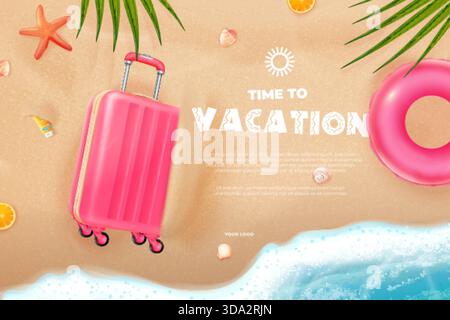 Banner Urlaubszeit. Realistischer Strand Sand Top Blick, Meer Ozean Wasser Welle an Land mit Reisetasche Gepäck aufblasbarer Ring Palmblätter Muscheln Sommerurlaub 3D Vektor Illustration Original Kunstwerk Stock Vektor