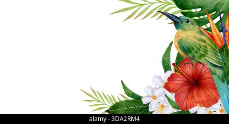 Aquarellbannerrahmen mit tropischem Vogel, Hibiskusblüten und üppigen Blättern auf weißem Hintergrund, perfekt für Sommereinladungen, Grußkarten, Poster, Website-Überschriften und botanische Dekorationen. Stockfoto