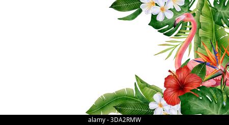 Aquarellbanner Rahmen mit Flamingo, rotem Hibiskus, weißer Plumeria und tropischen Blättern auf weißem Hintergrund, perfekt für Sommereinladungen, Grußkarten, Poster, Urlaub und botanisches Design. Stockfoto